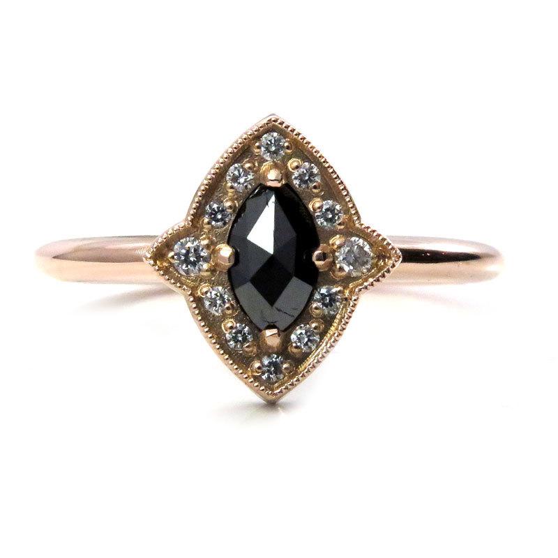 زفاف - Black Diamond Marquise Engagement Ring with Pointed Diamond Halo - 14k Rose, Yellow or Palladium White Gold