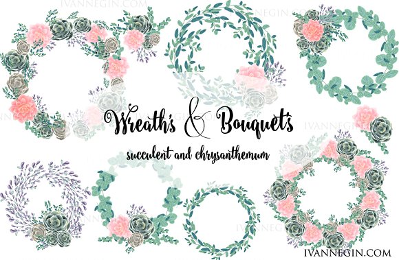 Wedding - 13 Succulents wreath clipart 4 card