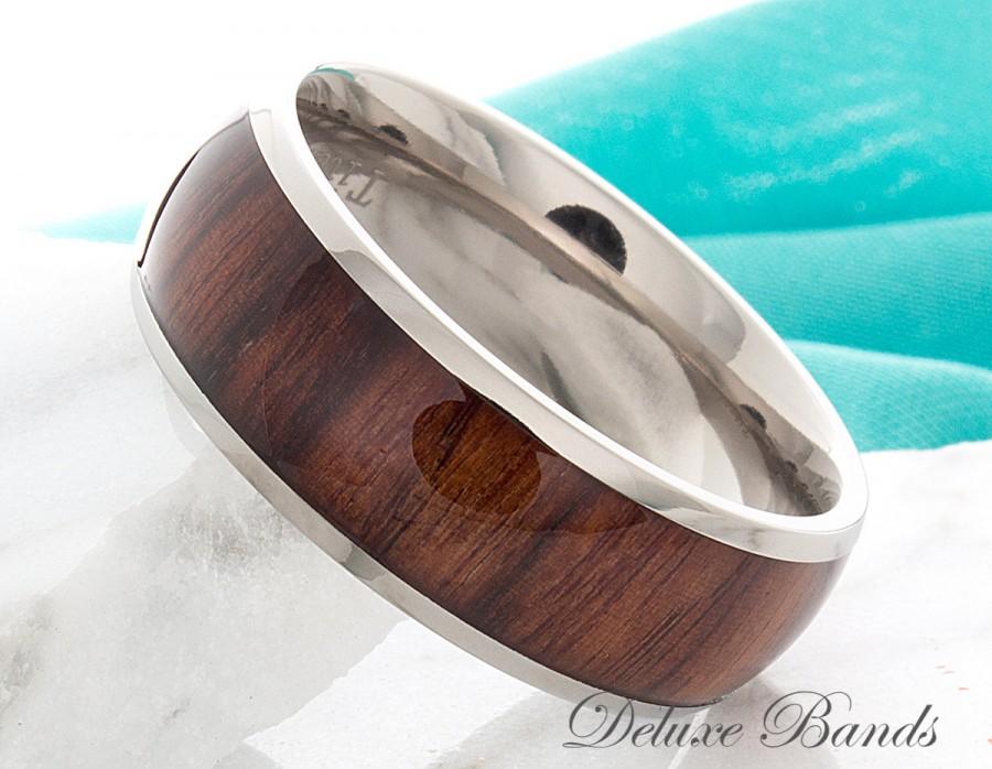 زفاف - Titanium Wedding Band Dome 8mm Hawaiian Koa Wood Inlay Mens Anniversary Engagement Promise Wood Inlay Comfort Fit Ring FREE Laser Engraving