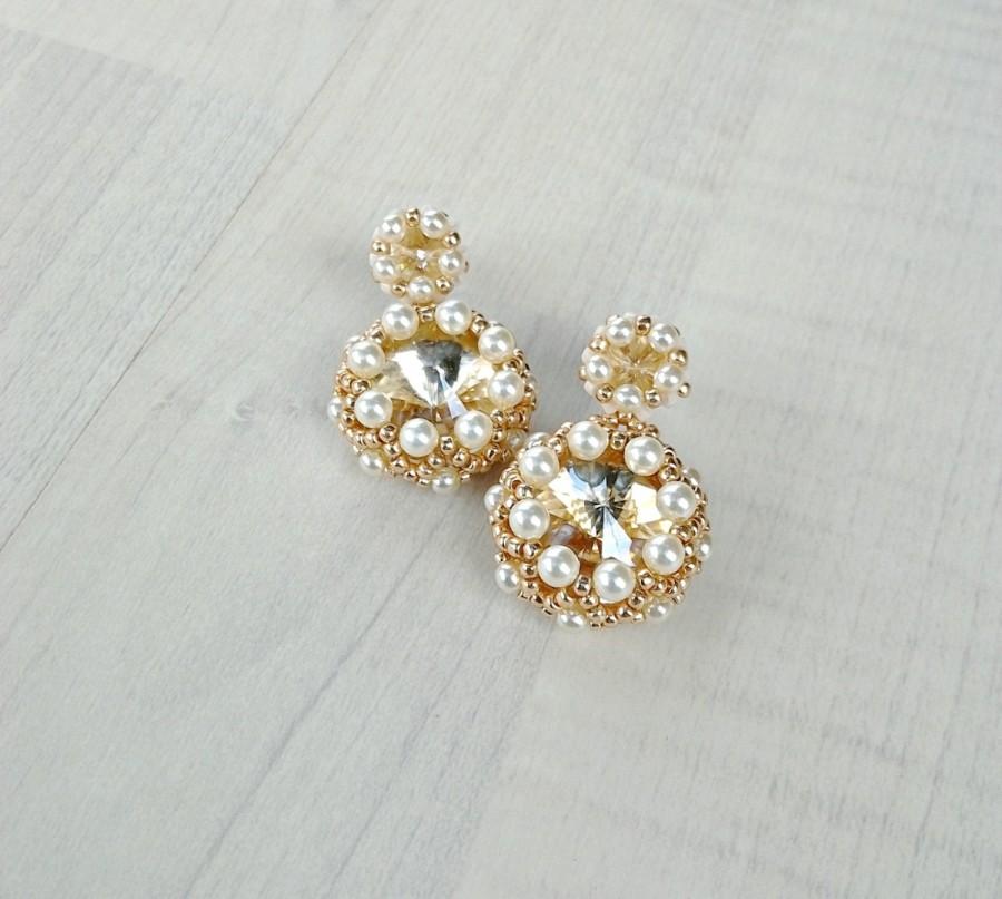 زفاف - Gold bridal earrings, Pearls wedding earring, Drop crystal gold earinngs, Gold rose pearl earrings, Dangle stud earrings, Beadwoven jewelry
