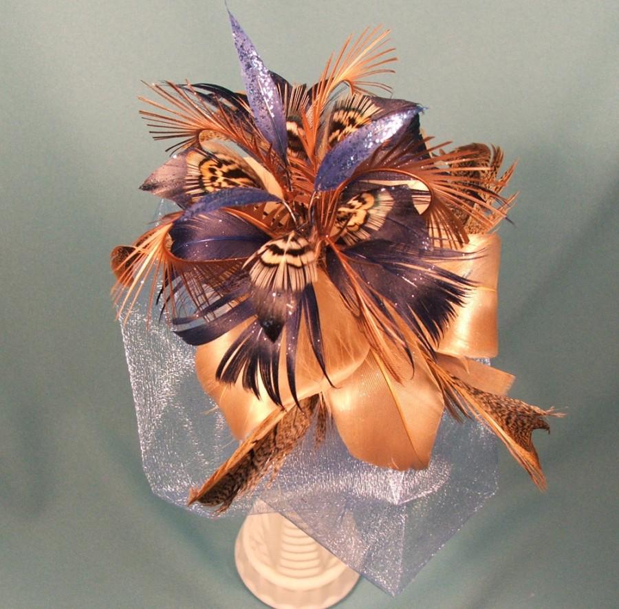 Mariage - Real Feather Flower Bouquet “Shiny Blue” - Natural Feather Bridal Bouquet – Bridesmaid Bouquet - Centerpiece- Gold – Blue - Brown - Beige