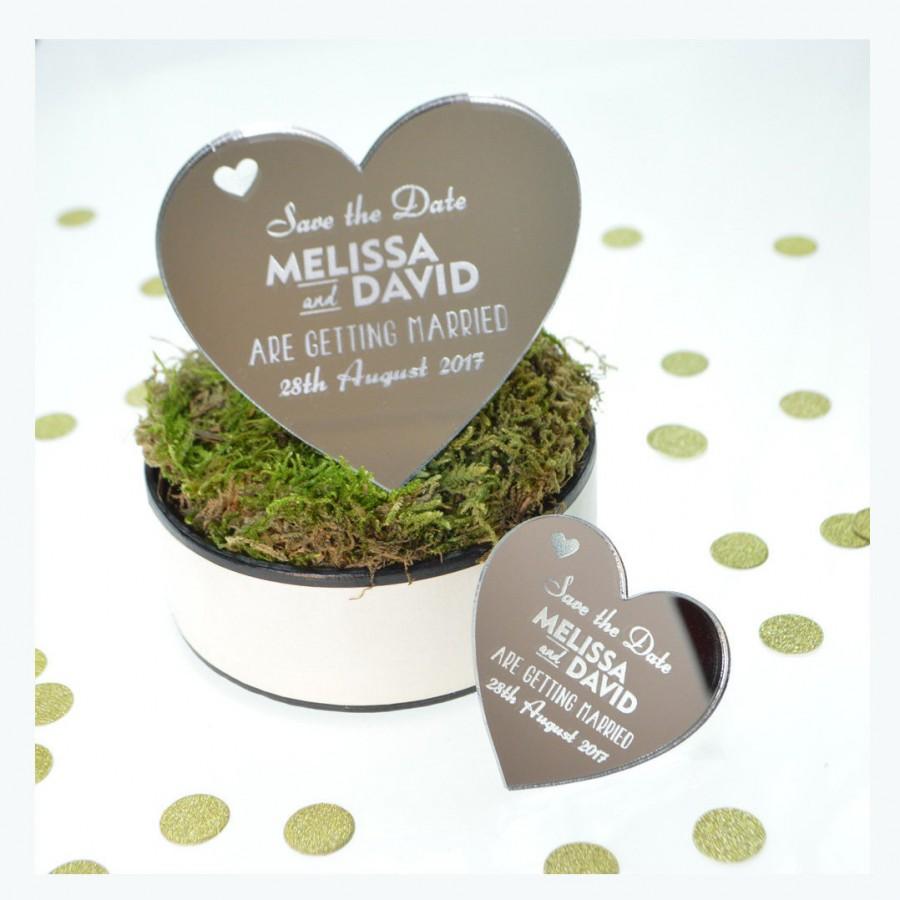 Mariage - Save The Date Magnet- Silver Mirror Heart - Personalised Wedding Fridge Magnet Invitations - Available in different Acrylic colour &Sizes