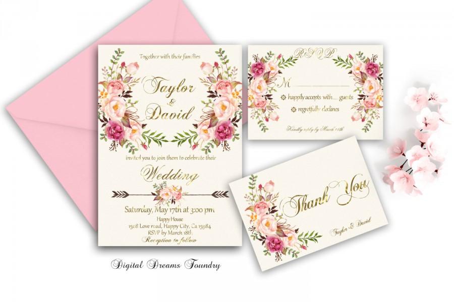 زفاف - Spring Floral Wedding Invitation Printable Boho Wedding Invitation Suite Romantic Wedding Invitation Blush Pink Wedding Invite Rustic