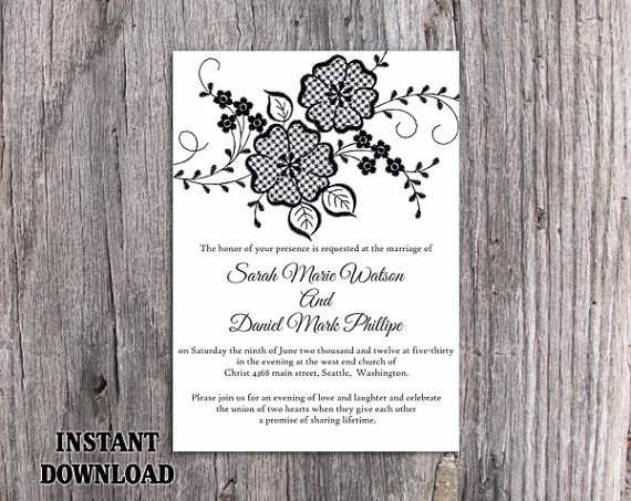 Hochzeit - DIY Lace Wedding Invitation Template Editable Word File Download Printable Rustic Wedding Invitation Vintage Floral Black & White Invitation