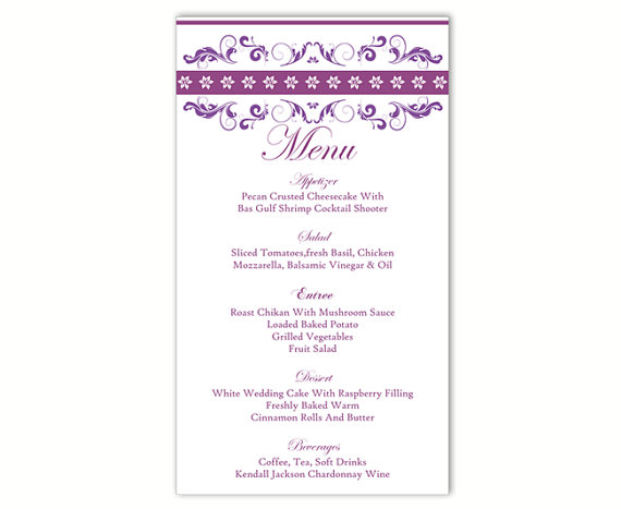 Hochzeit - Wedding Menu Template DIY Menu Card Template Editable Text Word File Instant Download Purple Menu Eggplant Menu Card Printable Menu 4x7inch