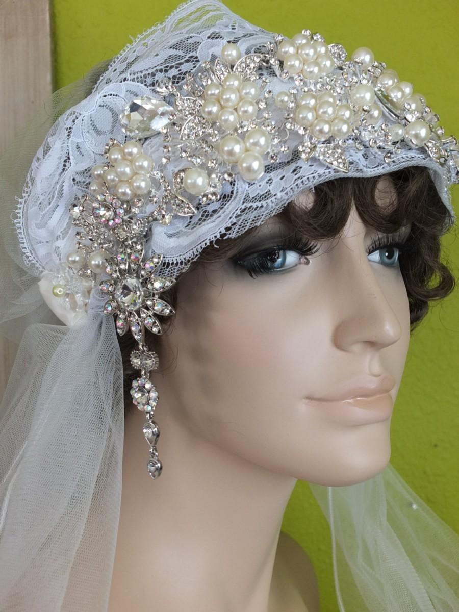 Hochzeit - Wedding head piece handmade Flapper great Gatsby headband tiara veil wedding veil
