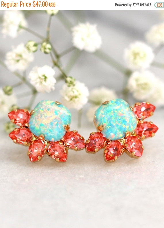 Mariage - Opal Earrings, Coral Mint Earrings, Bridesmaids Earrings, Bridal Earrings, Swarovski Mint Opal Earrings, Gift For Her, Mint coral Studs