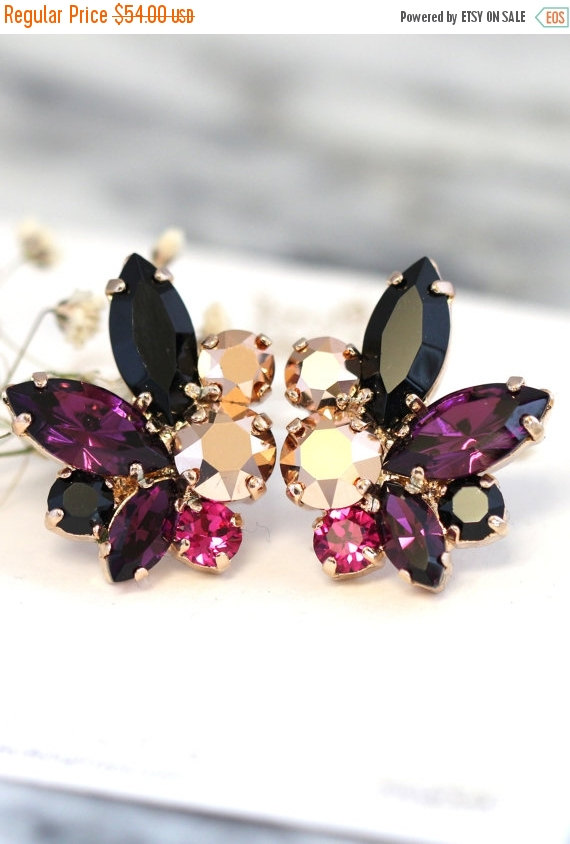 Wedding - Purple Black Earrings,Swarovski Purple Rose Gold Earrings,Bridal Cluster Earrings,Bridesmaids Earrings,Gift for her,Cocktail Earrings