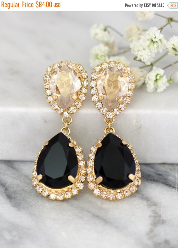 زفاف - Black Champagne Earrings, Black Chandelier earrings, Drop earrings,Bridal Black Earrings,Dangle earrings, Champagne Black Statement Earrings
