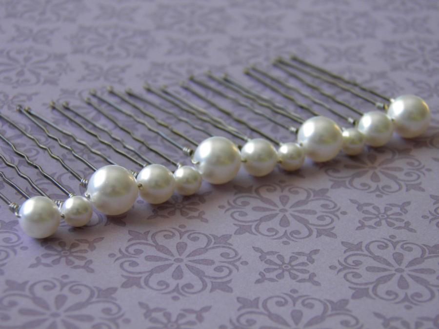 Mariage - 12 White 6mm 8mm and 10mm Swarovski Crystal Pearl Hair Pins