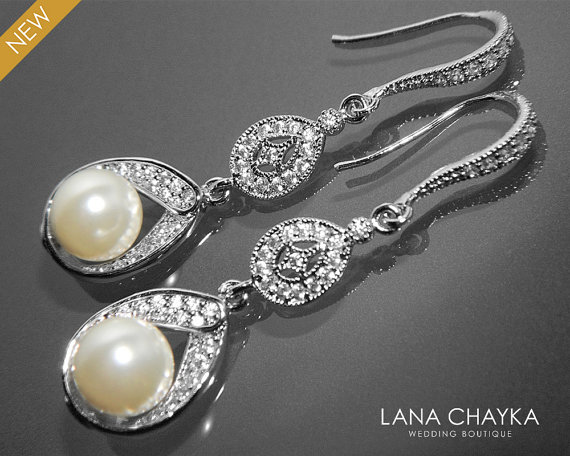 Hochzeit - Bridal Ivory Pearl CZ Chandelier Earrings Swarovski Pearl Wedding Earrings Bridal Pearl Jewelry Wedding Pearl Earrings Pearl Dangle Earrings