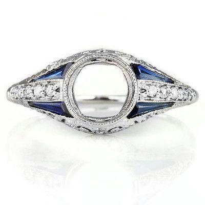 Wedding - Original Vintage Inspired Art Deco Diamond Blue Sapphire Engagement Ring Antique 6mm Bezel Semi-Mount 14K White Gold 7668bs