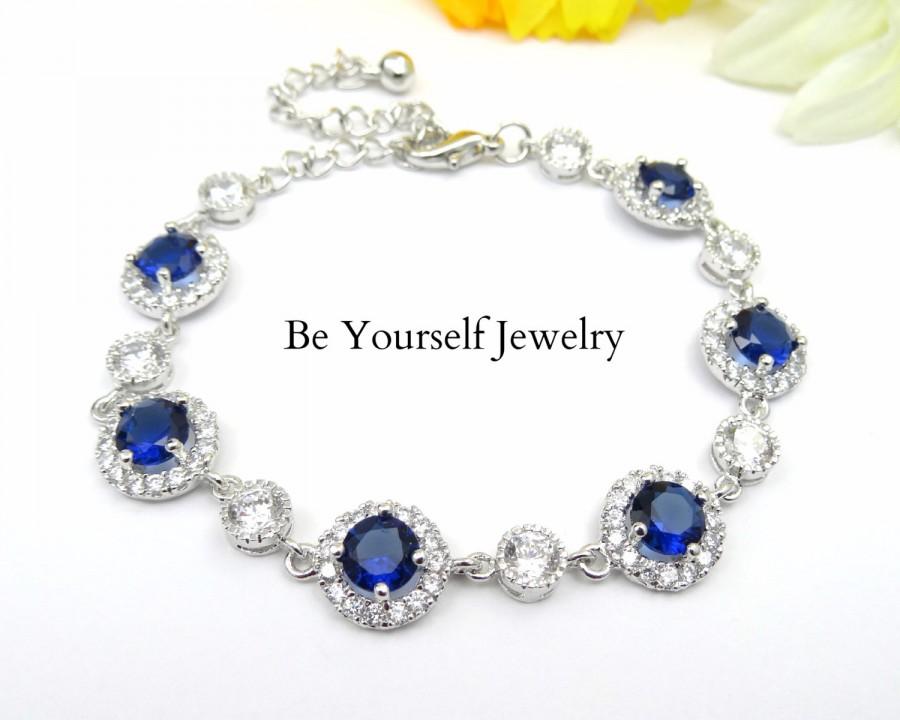 Mariage - Sapphire Bridal Bracelet Blue Wedding Bracelet Crystal Bride Bracelet Cubic Zirconia Navy Bridesmaid Gift CZ Wedding Jewelry Something Blue