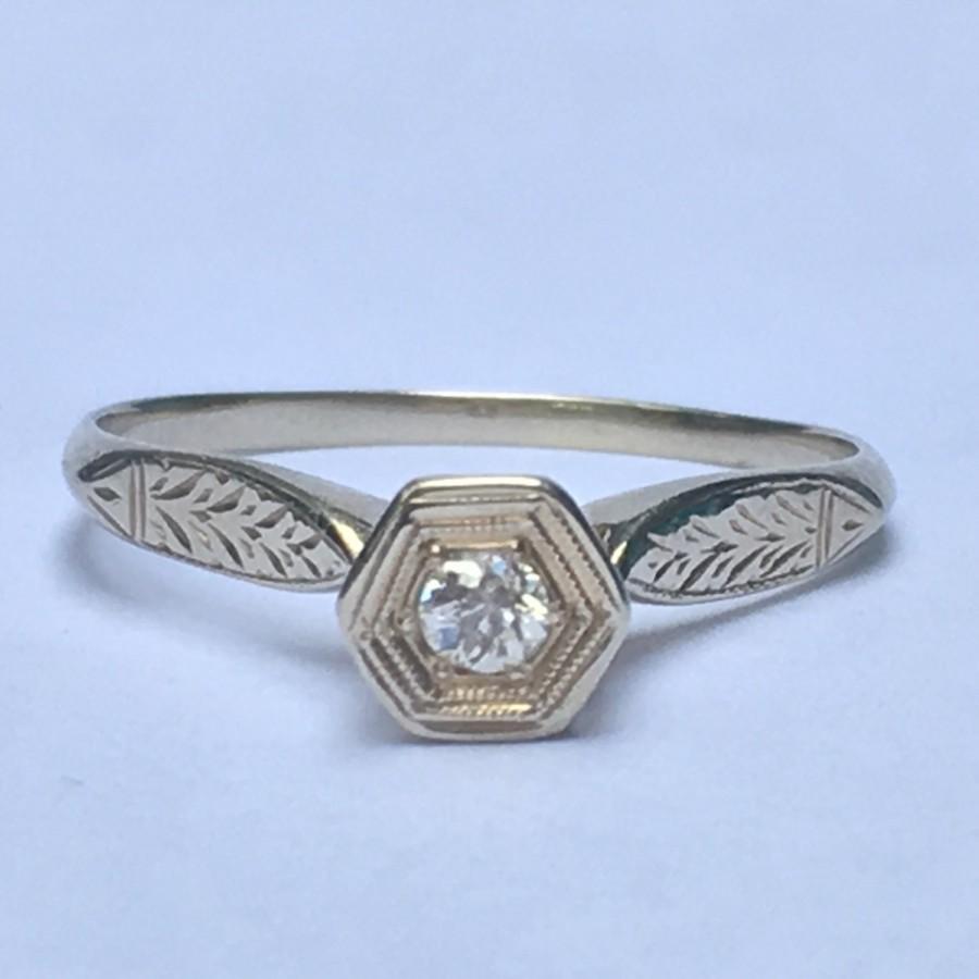 Wedding - Vintage Diamond Engagement Ring. Art Deco 14K Gold Setting. Unique Engagement Ring. April Birthstone. 10 Year Anniversary Gift. Estate