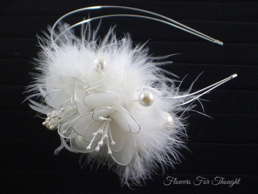 زفاف - Wedding Headband with Pearls and Feathers, Bride Hair Fascinator, Veil Decoration