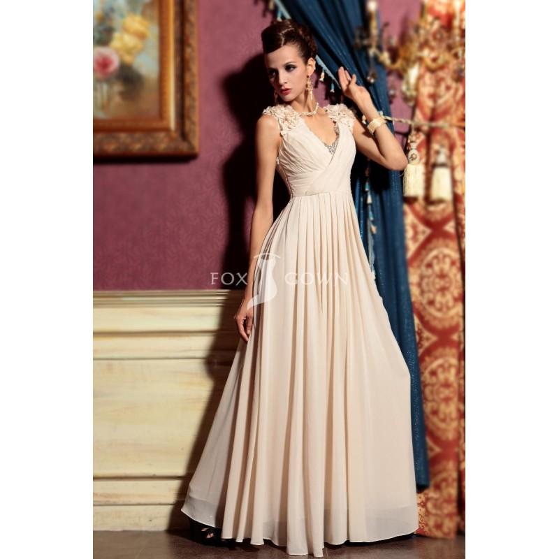 زفاف - Ivory a-Line Stock Länge ärmellose Perlen plissierten Chiffon Prom Kleid mit Blumen auf Gurt - Festliche Kleider 