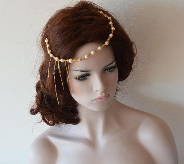 زفاف - Pearl Crown, Head Golden Chain,  İvory Pearl Headband and Bracelet, Wedding Set,  Wedding Headband,  Pearl Headband,  Hair Accessory
