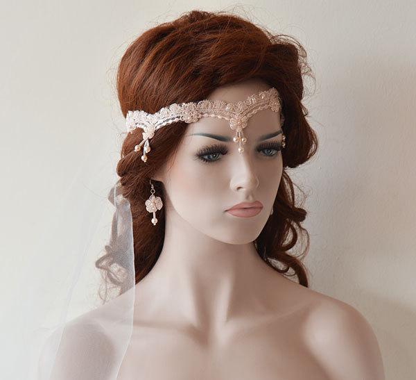 Wedding - Wedding Lace headband, Blush Pink Bridal headband, bridal hair accessory, Wedding Hair Accessories, Vintage Style