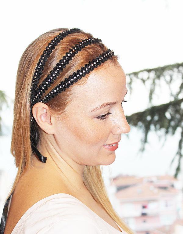 زفاف - Black Wedding, Accessory,  Triple Headband-  Bridal Hair Accessories, Rhinestone and Lace Headband, Bridesmaid Headband