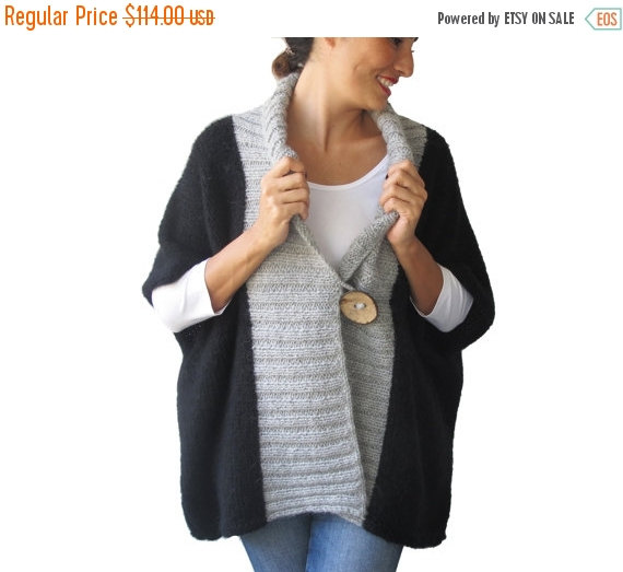 Wedding - CLEARANCE 50% Black - Light Gray Mohair Cardigan with Big Coconut Button by Afra Plus Size Over Size