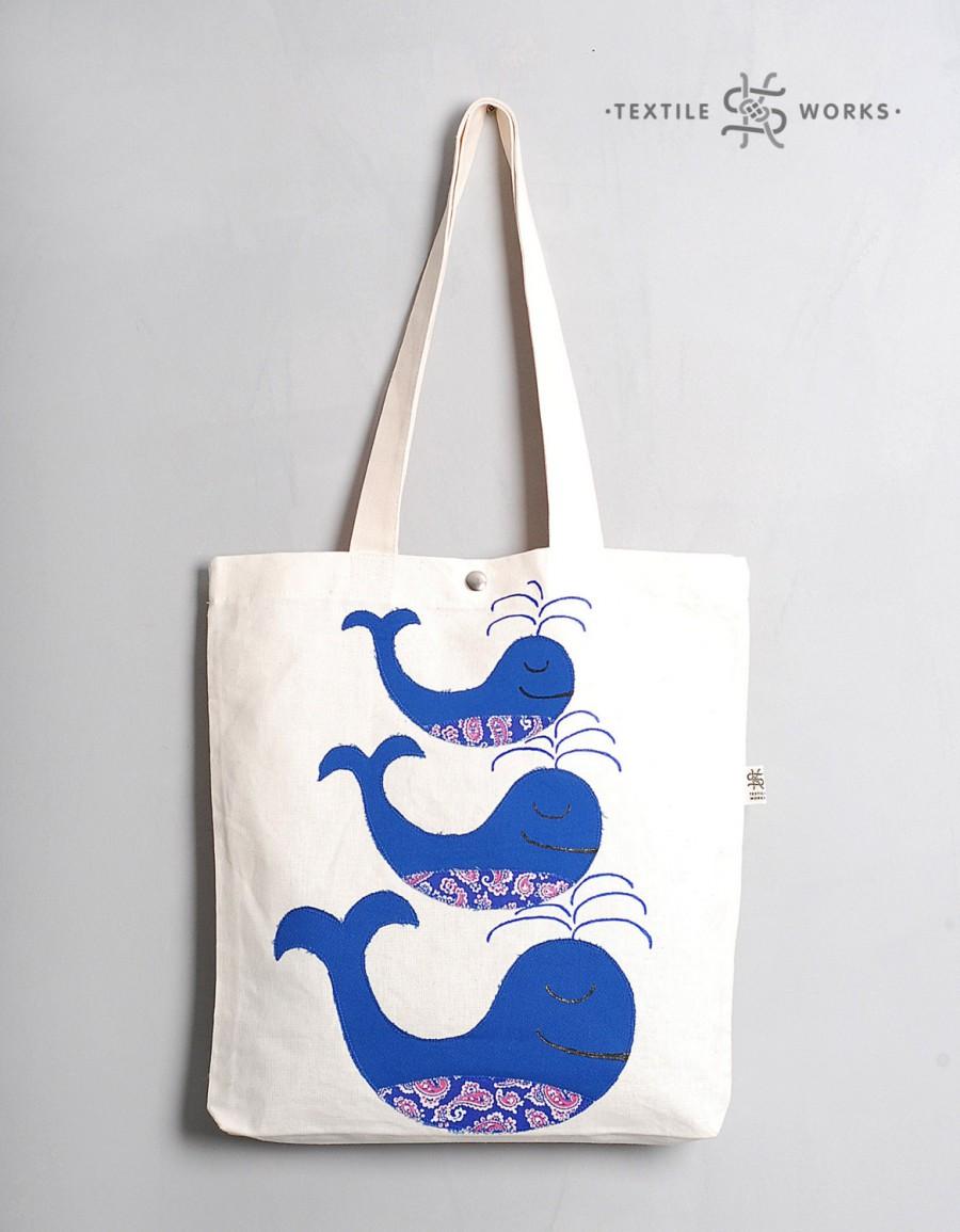 Hochzeit - Three Whales Tote Bag. Handmade Fabric Bag with Whale Applique. Nautical Textile Eco Bag. Shopper. Cotton Bag. Animal Canvas Bag. Sea Bag