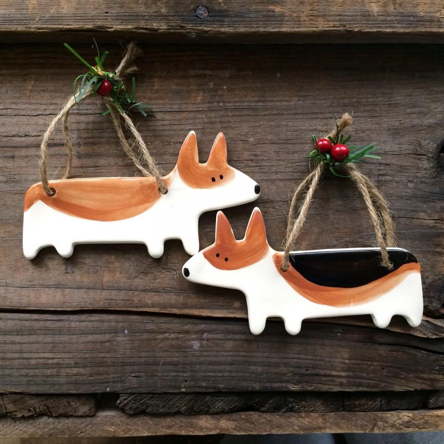 زفاف - Dog Ornament, Corgi Dog Ornament, Welsh Corgi Ornament, Corgi Christmas Ornament,Handmade pottery Dog Ornament,Red and White Corgi tri color