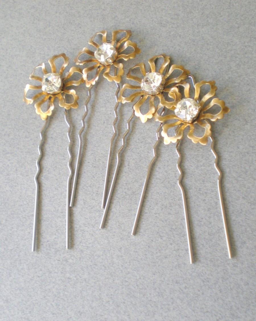 Свадьба - Whimsical BRIDAL Hair Pins. Rhinestone Floral Hair Jewelry. GIFT . Chic Prom. Bride Maids. Shower Gift. Flower Girl. Holiday Hair