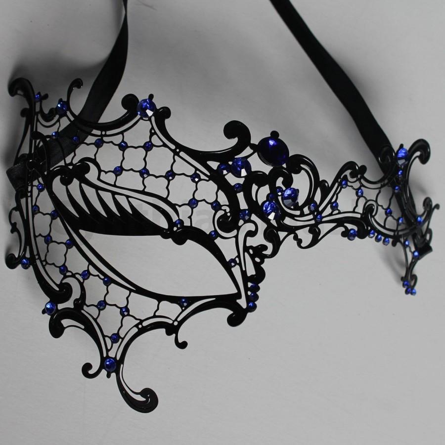 Wedding - Black laser cut Venetian Phentom Mask Masquerade w/ Blue Rhinestones  SKU: 7K33