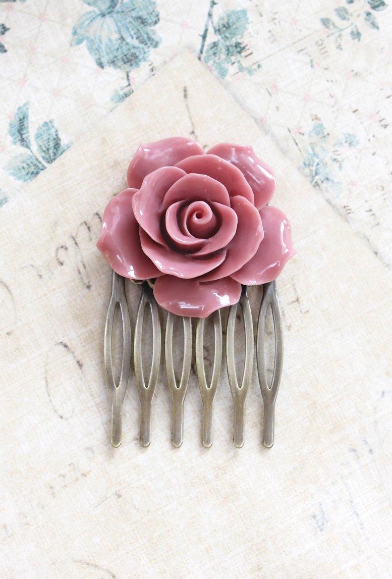 Wedding - Dusty Pink Rose Hair Comb Big Rose Comb Flower Hair Comb Modern Bridal Floral Comb Wedding Hair Accessories Bridesmaids Gift