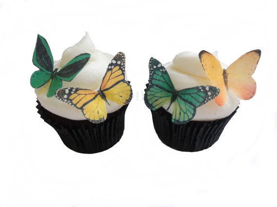 زفاف - 24 Edible Butterflies - 24 Green and Yellow  - Cake Topper - Butterfly Cake - Cupcake Decoration