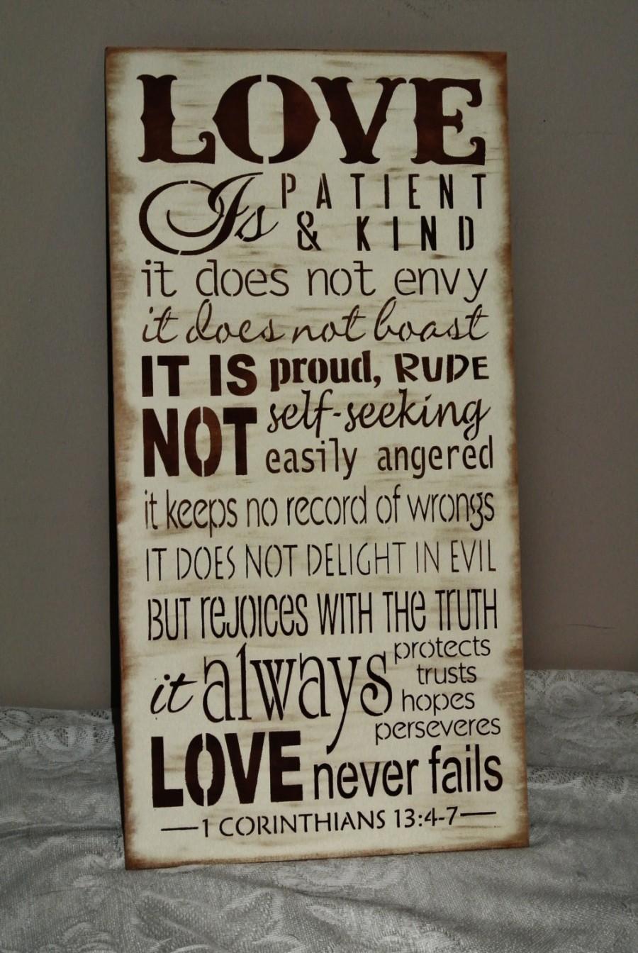 زفاف - Love is patient love is kind corinthians bible verse, wood sign, wedding sign, gift, christian any colors custom gift bride groom rustic