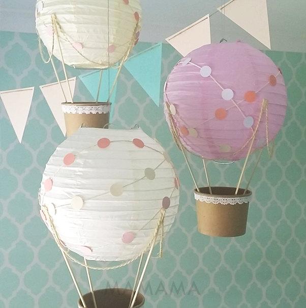 Hochzeit - Whimsical Hot Air Balloon Decoration DIY kit , nursery decor , unisex Baby shower , hot air balloon , travel theme nursery -  set of 3