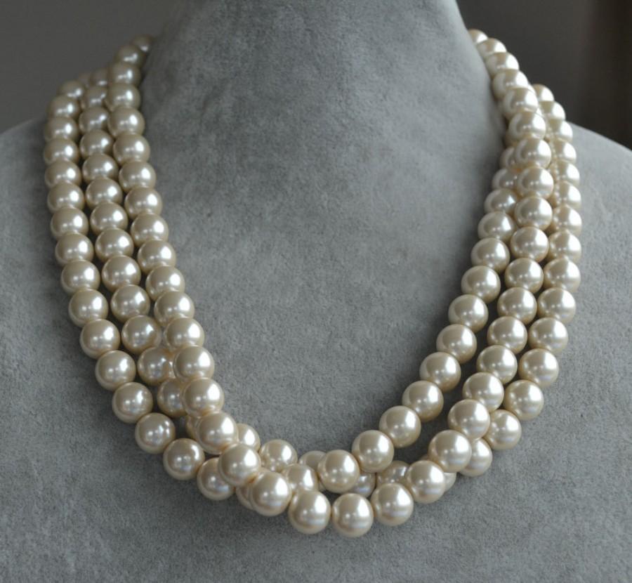 Mariage - champagne pearl necklace,triple strand glass pearl necklace,wedding necklace,pearl jewelry,bridesmaid necklace,wedding statement necklace