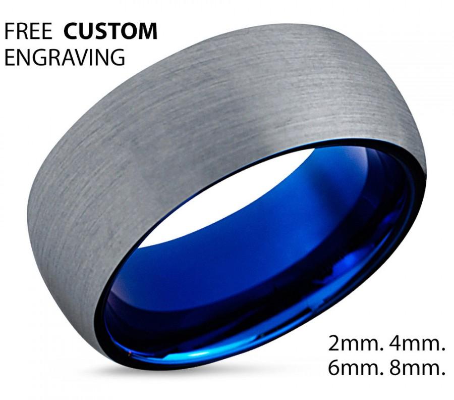 Wedding - Tungsten Ring Mens Brushed Silver Blue Wedding Band Tungsten Carbide 8mm Tungsten Man Wedding Male Women Anniversary Matching All Sizes