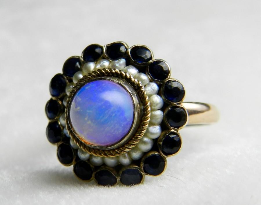 Hochzeit - Opal Ring Blue Sapphire Halo 14K Gold Seed Pearl Genuine Blue Sapphire Genuine Opal Unique Engagement Ring September October