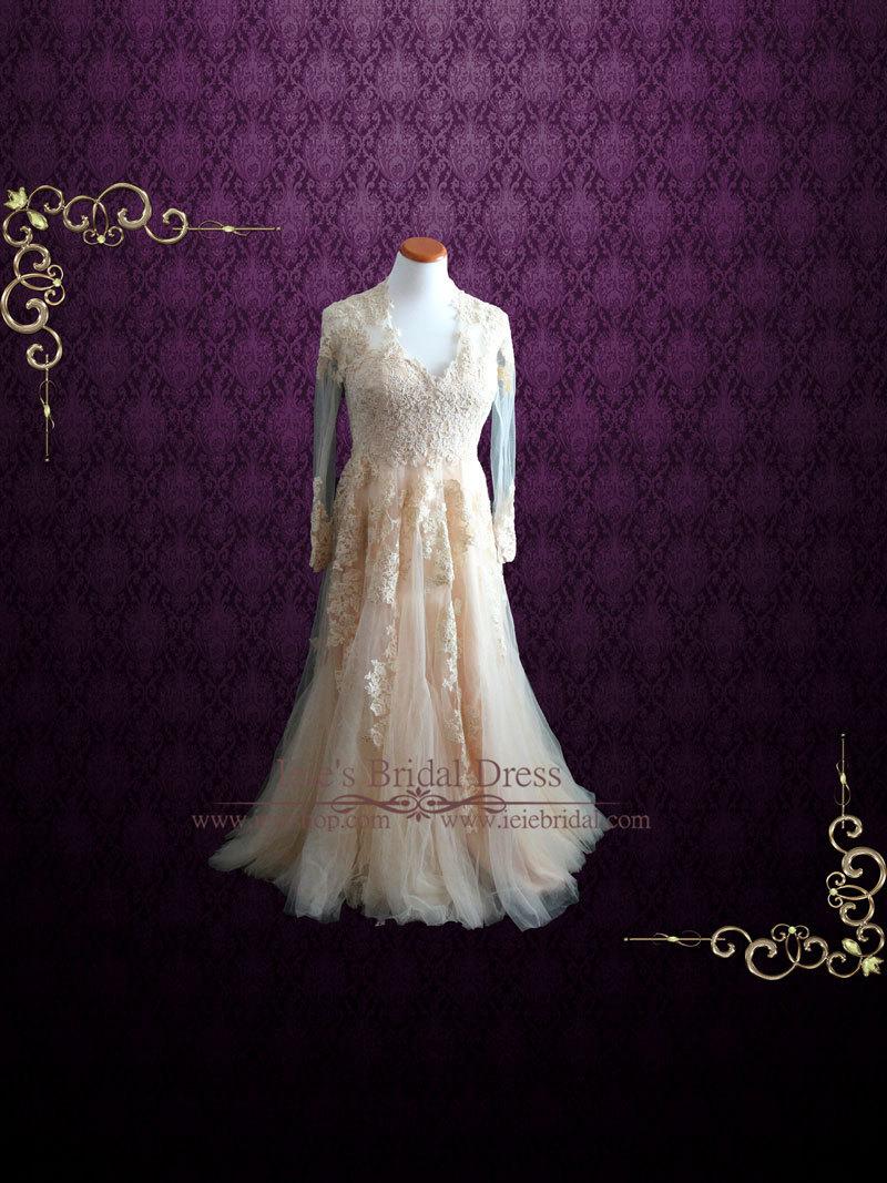 Hochzeit - Blush Peach Lace Wedding Dress With Long Sleeves, Vintage Style Wedding Dress, Fall Wedding Dress, Winter Wedding Dress 