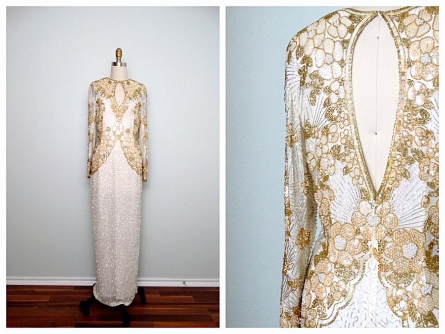Свадьба - Ivory Silver & Gold Beaded Gown // Pearl Beaded Iridescent Sequin Wedding Dress w/ Keyhole Back Size 4
