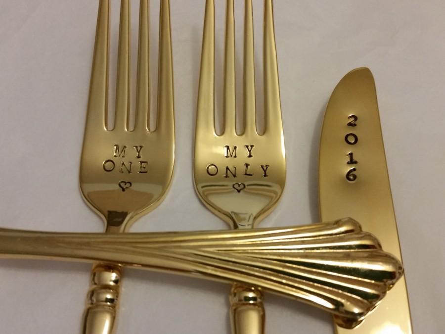 Mariage - Gold Wedding Forks + knife 3pcs ready to ship New/ VTG 24K gold plated Recycled Hand Stamped My One My Only Cake forks Exact Photos Plz read