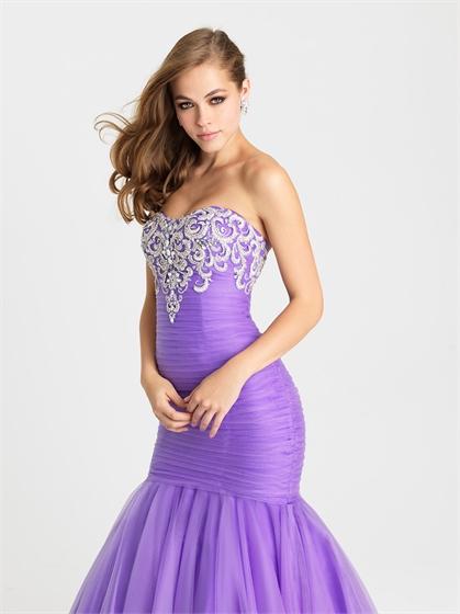 Wedding - Mermaid Strapless Ruched Beaded Appliques Tulle Prom Dress PD3191