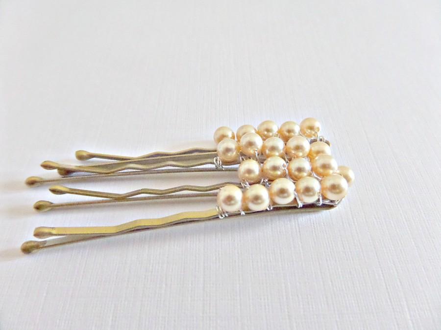 Wedding - Gold bridal hairpins, Swarovski gold pearls on a hairpin, Wire wrapped hairpins, Prom hairpins, Set of 4 pins, Wedding hairpins, UK seller