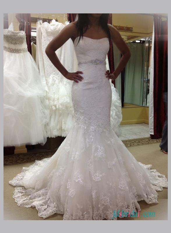 Hochzeit - Strapless lace flare mermaid wedding bridal dress