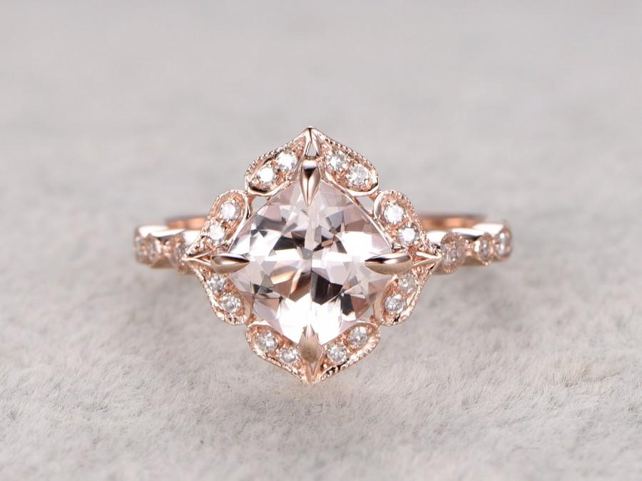 زفاف - 8mm Morganite Bridal Ring,Art Deco Engagement ring 14k Rose gold,Diamond wedding band,Cushion Cut,Promise Ring,milgrain,Retro Vintage Floral