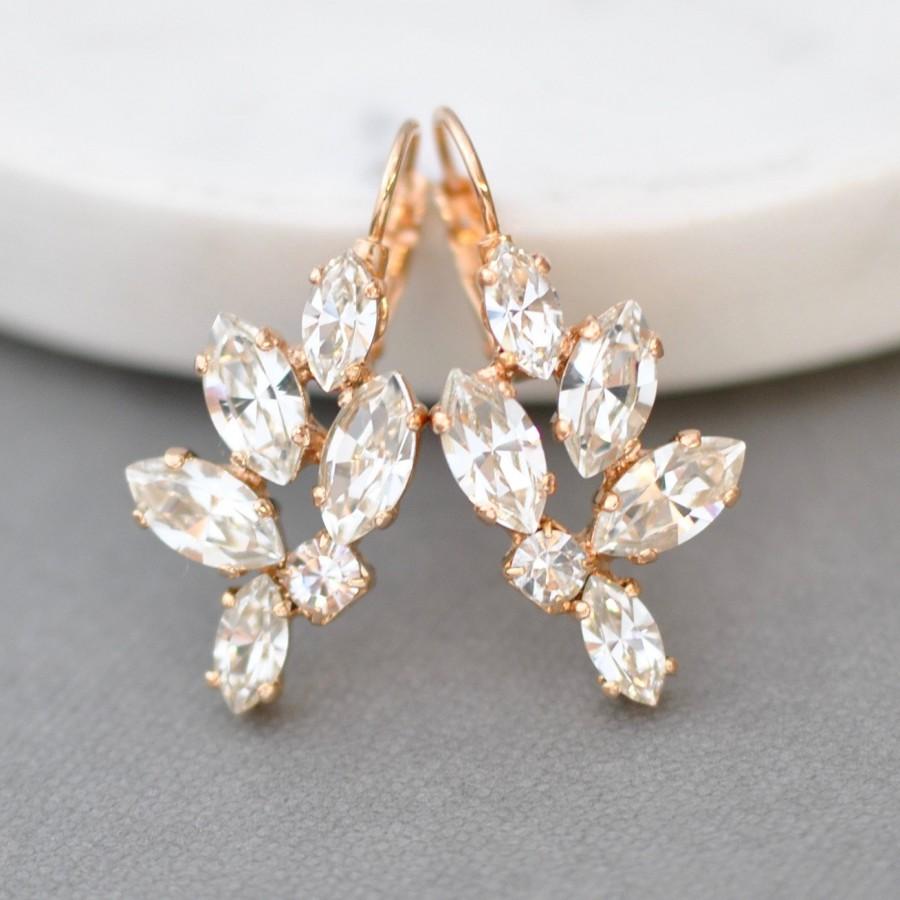 زفاف - Bridal Earrings Rose Gold Swarovski Crystal White Diamond Leverback Marquise Drop Cluster Earrings Wedding Jewelry Bridesmaid Bride Classic