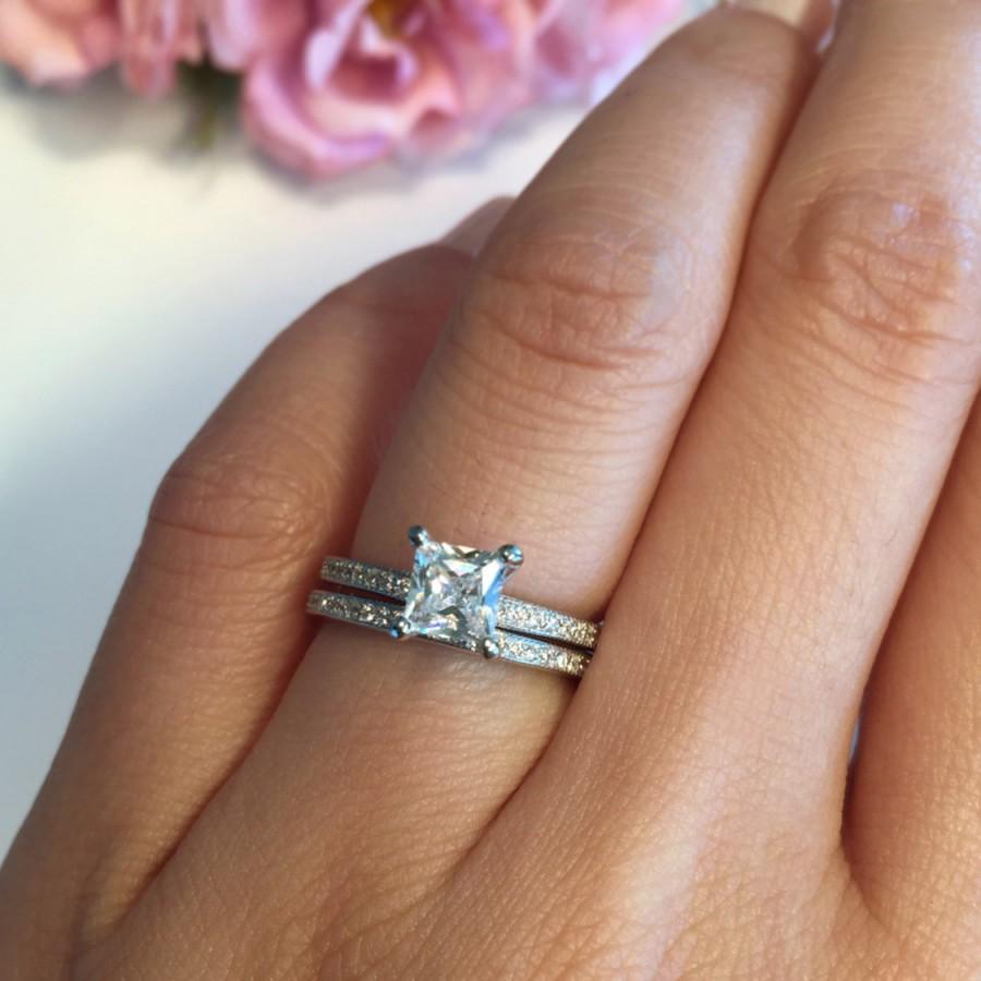 Hochzeit - 1 ctw Princess Cut Wedding Set, Man Made Diamond Simulants, Engagement Ring, Eternity Ring, Bridal Set, Anniversary Ring, Sterling Silver