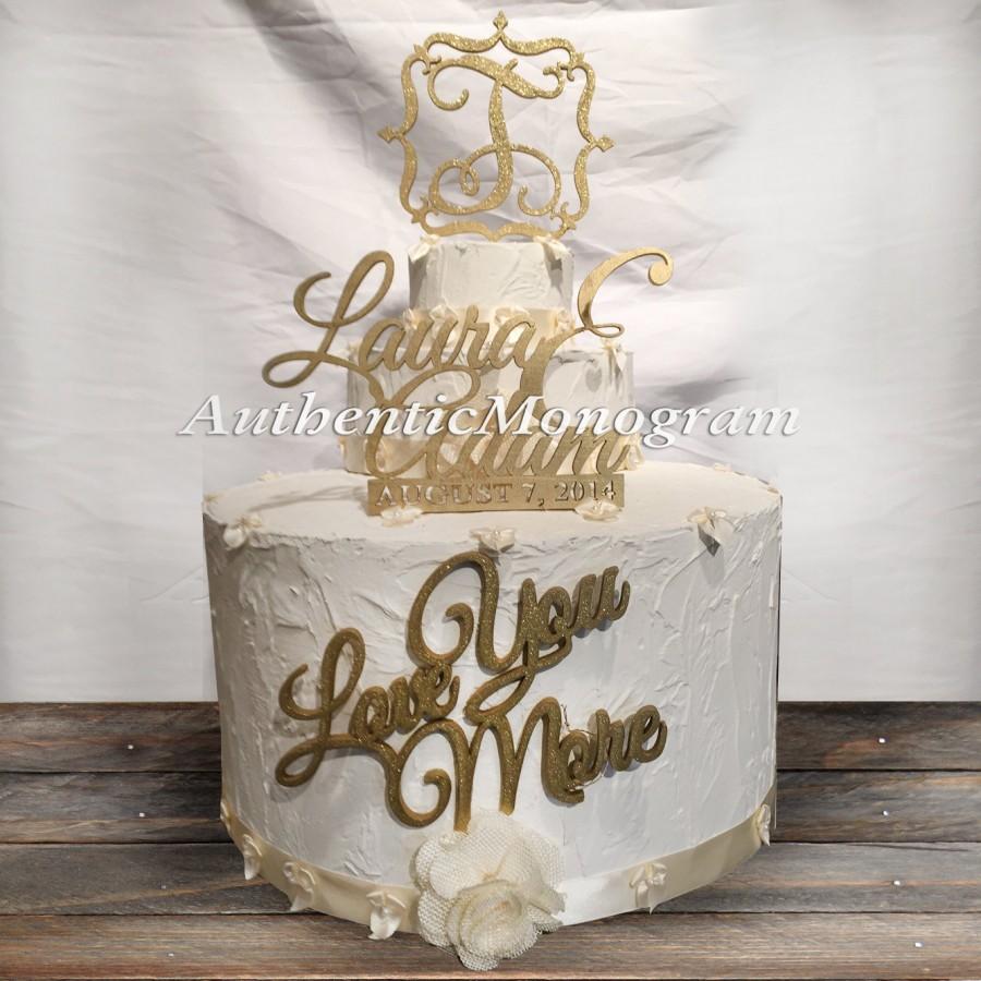 Mariage - SPECIAL Set of 3: Names with Date, Love you More and Family Name 1letter Monogram Wooden Unpainted Cake Toppers Wedding Celebration 4114s3