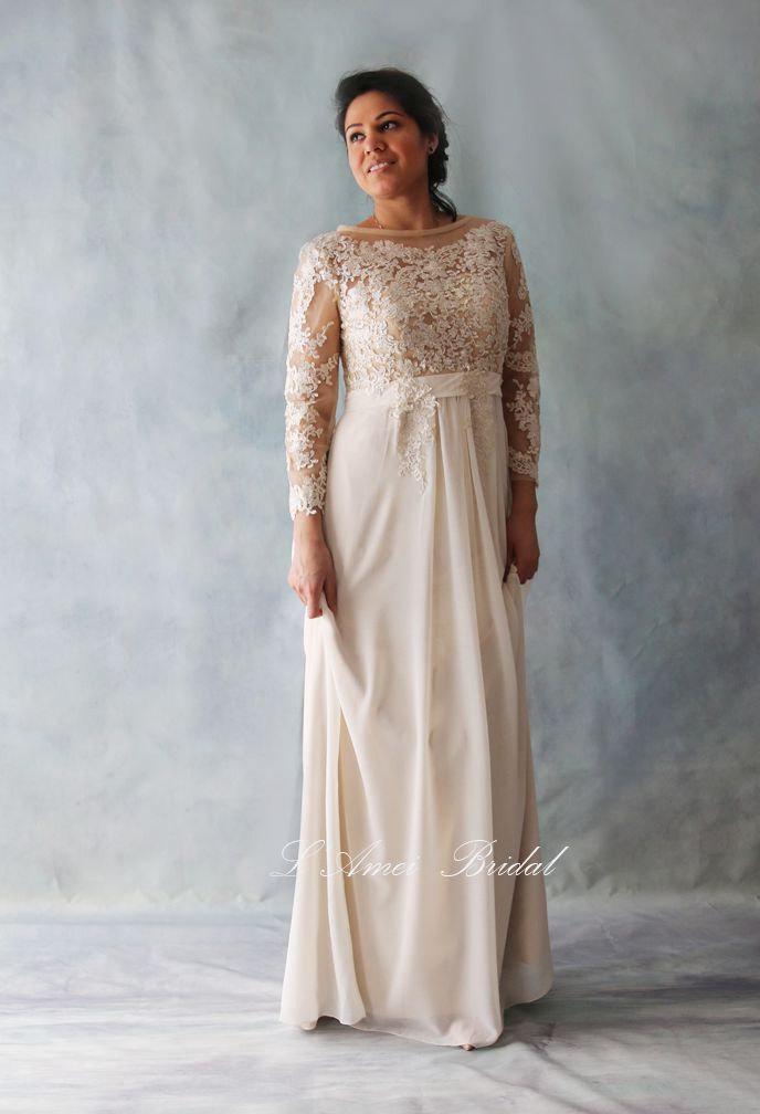 Wedding - Affordable Fitted Long-Sleeve Light Golden French Lace Bridal Wedding Dress. Light and Comfortable