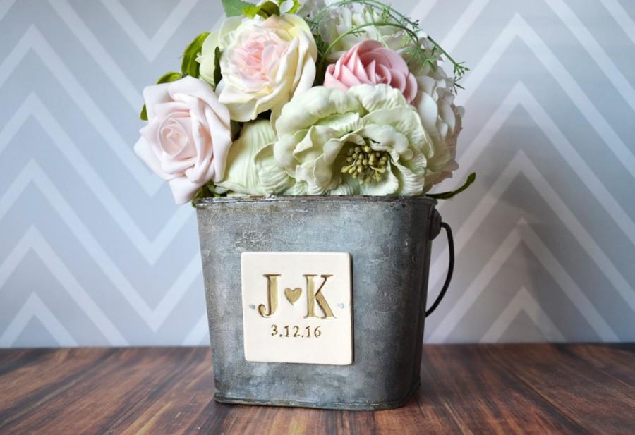 Mariage - PERSONALIZED Flower Girl Bucket in antique grey color with Initials