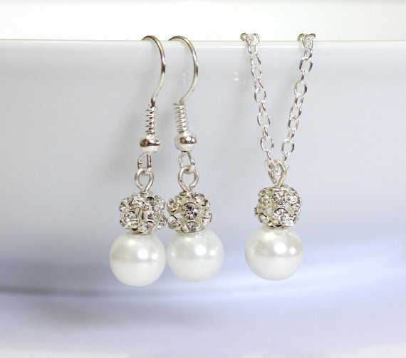 زفاف - Bridesmaid Necklace & Earrings Set , Sterling Silver Chain, Pearl and Rhinestone Necklace, Pearl Necklace, Necklaces Gift Ideas