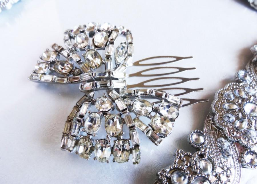 زفاف - Old Hollywood - Silver Hair Comb - Rhinestone Hair Comb - Bridal Bow - Art Deco - Vintage Jewelry Collection - Christmas Gift for Women