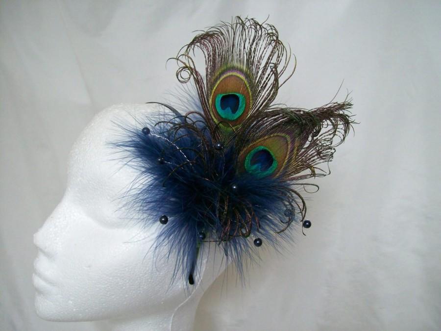 Wedding - Navy Blue Peacock Feather & Crystal Pearl Burlesque Wedding Fascinator Hair Comb -  Made to Order